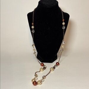 Long Single Strand Cream, Tan and Clear Acrylic Beaded Chain Necklace 36”